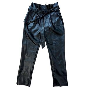 NWT Paperbag Waist Faux Leather Pant, Black, Size Large